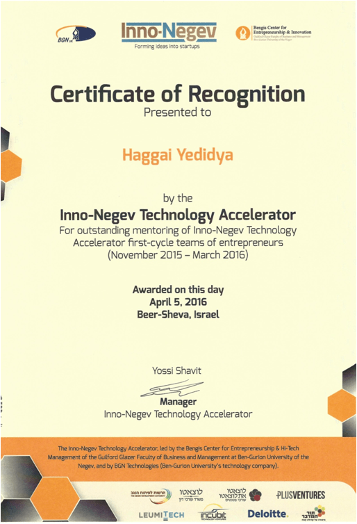 Certificate of Recognition for Haggai Yedidya, re: Mentoring in an Accelerator Program of Ben Gurion University - InnonNegev